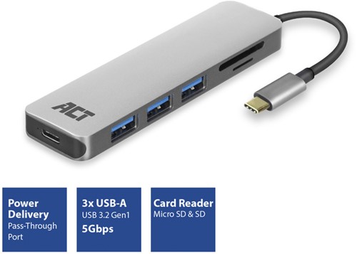 Hub ACT USB-C 3.0, 3x USB-A cardreader PD p-through-2