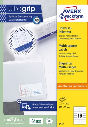 Etiket Avery 3423 105x35mm wit 1600 stuks