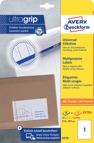Etiket Avery 6119 210x297mm A4 wit 25 stuks