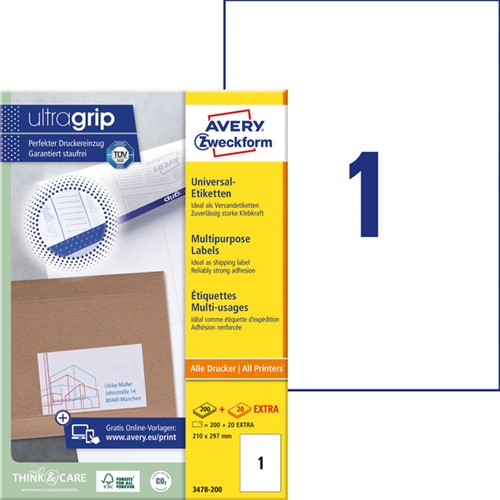 Etiket Avery 3478-200 210x297mm A4 wit 200 stuks-2