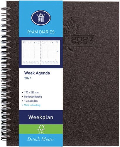 Agenda 2027 Ryam Weekplan Wire-o 7dagen/2pagina's zwart