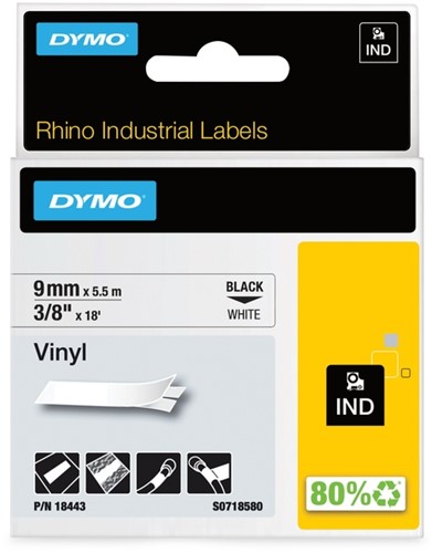Labeltape Dymo Rhino industrieel vinyl 9mm zwart op wit