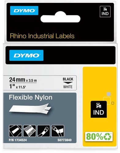 Labeltape Dymo Rhino industrieel nylon 24mm zwart op wit